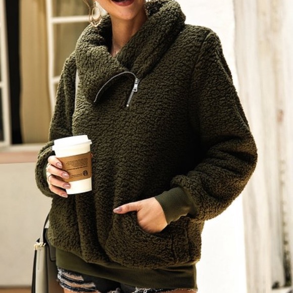 LAST ONE! Dark Green Sherpa Quarter-Zip Sweater - Picture 4 of 4
